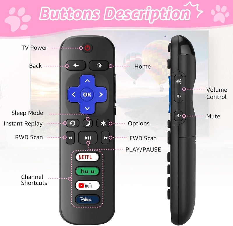 SOTATOO Replacement Remote Control for Roku TV with Pink Soft Protective Case(Glow in The Dark), Universal Remote for TCL Roku/Hisense Roku/Onn Roku/Sharp Roku/Element Roku/Philips Roku Smart TVs - Image 3